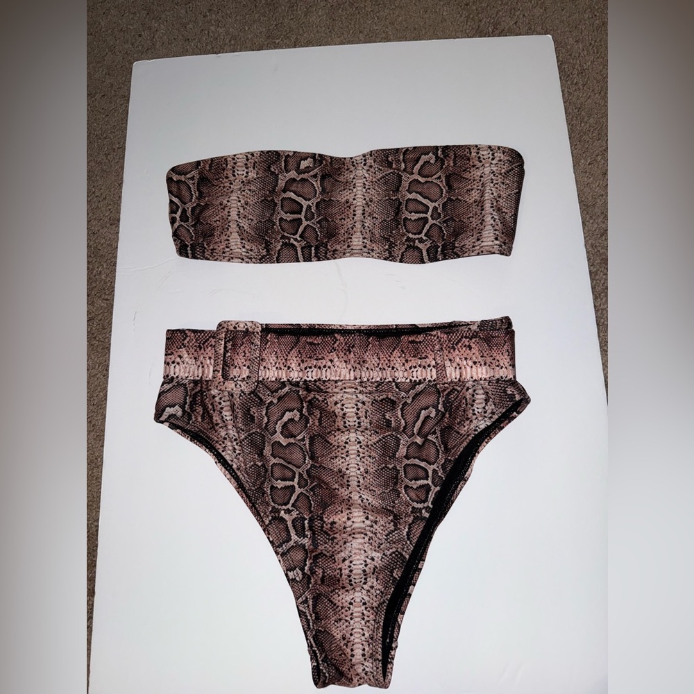 La La Swim Snakeskin Print High Waist Bikini 2-Piece Set — Size Large